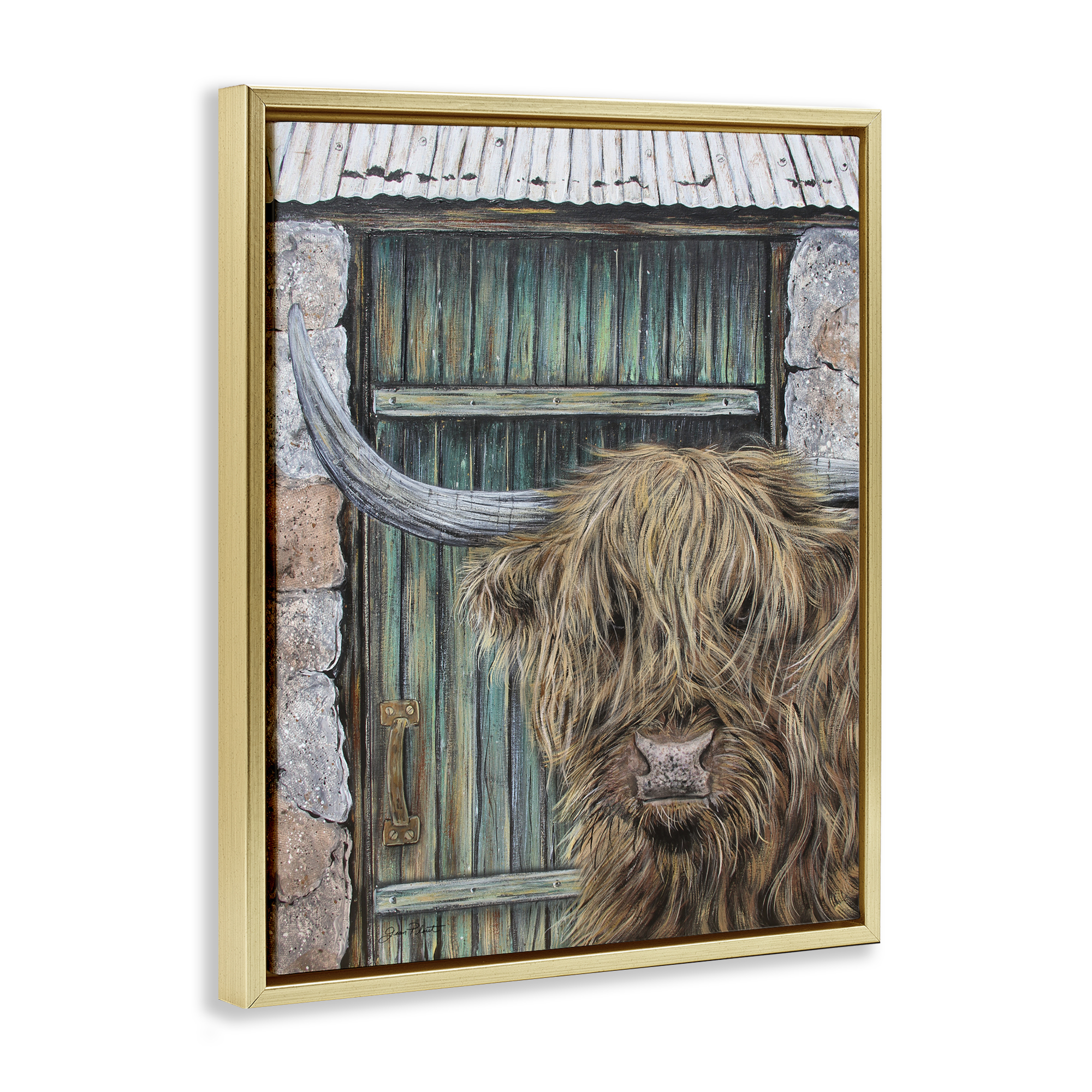 Highland Cow by Barn Door Gold Framed Floater Canvas Wall Art, design by Jean Plout