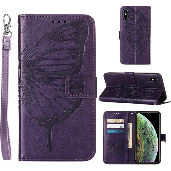 for iPhone X Case Wallet/iPhone Xs Wallet Case,for iPhone 10 Case,[Kickstand][Wrist Strap][Card Holder Slots] Butterfly Floral Leather Flip Cover (Purple)
