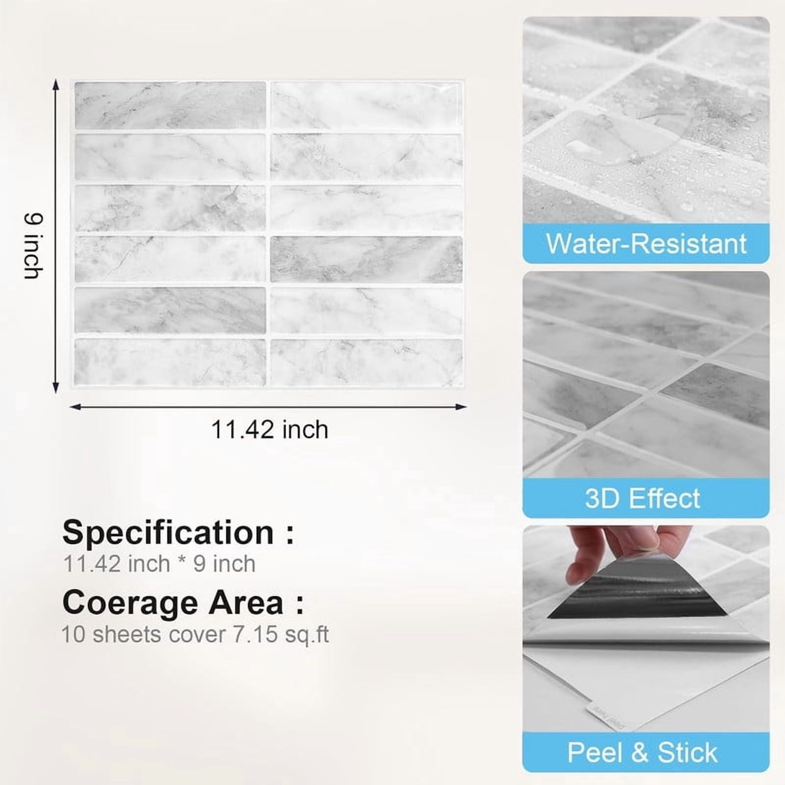 Easy4Home 10Pcs 3D Peel and Stick Backsplash 11.4"x9" Self-Adhesive Wall Tile for Kitchen Bathroom, Beige