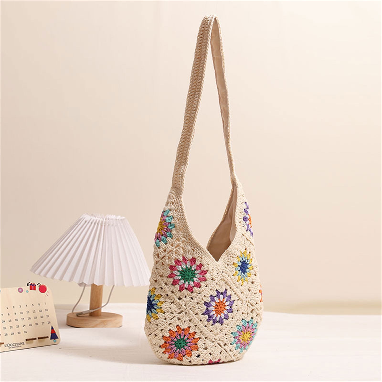 Women Knitted Crossbody Bag Beach Bag Fashionable Shoulder Bag Crochet Vacation Bag Colorful Flowers Handbag Purse