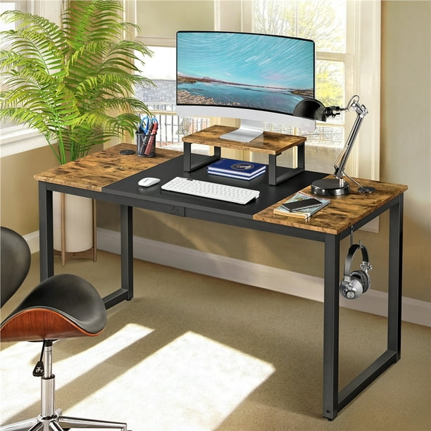 Easyfashion Industrial Computer Desk with Monitor Stand, Rustic Brown ...