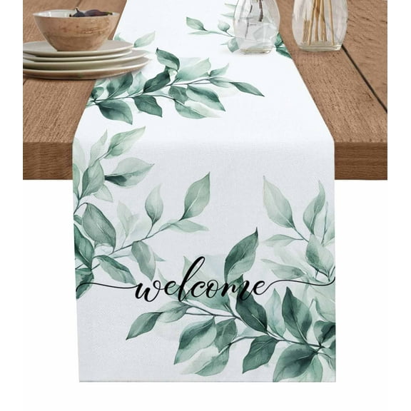 Table Runner Dresser Scarf 13 x 90 Inch Summer Plant Welcome Watercolor Green Leaf Table Runners Non-Slip Heat Kitchen Dining Table Decor for Indoor Outdoor Home Party Decoration
