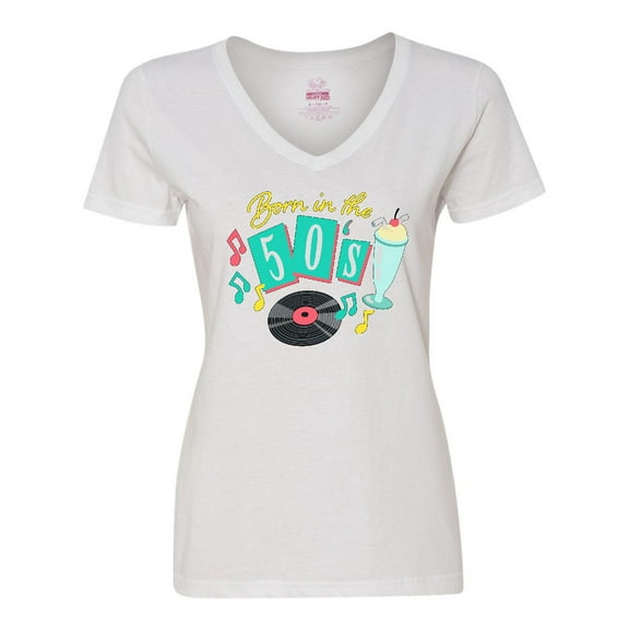 Inktastic Born in the 50's Record and Music Notes Women's V-Neck T-Shirt
