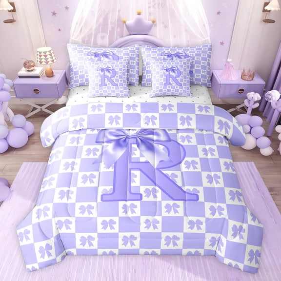 jejeloiu Purple Personalized Gifts 7-Piece Twin Bedding Sets,First Letter R Bedding Comforter Set For Bows Lover Reversible