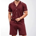 thumbnail image 3 of Mens Cotton Shorts Set Summer 2 Piece Outfits Button Down Polos Shirts Dressy Casual Matching Sets Wine, 3XL, 3 of 6
