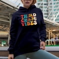 thumbnail image 2 of Third Grade Vibes, Elementary School Teacher Quote, Groovy Retro Wavy Text Merch Gift, Navy Blue Hooded Sweatshirt or Hoodie, XL, 2 of 5