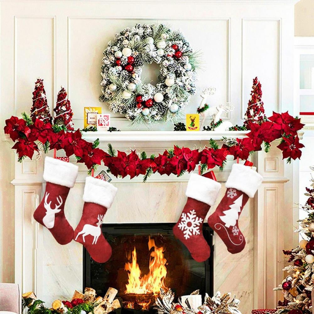 Christmas Stockings Deer Snowflake Christmas Tree Designs Christmas Stockings Red and White Felt Xmas Stocking Fireplace Hanging Gift Bags for Family Holiday Xmas Party Mantle Decorations
