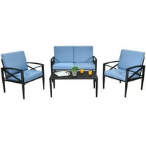 Spaco 4 Pieces Patio Furniture Set, Patio Outdoor Furniture Conversation Sets with Aluminum Frame Cushioned Sofa and Coffee Table, Blue