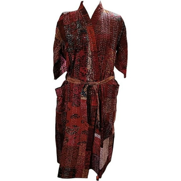 Vintage Silk sari kantha Kimono Robes lover recycled dressing gowns Woman Patchwork Jacket kimono robe gift Red