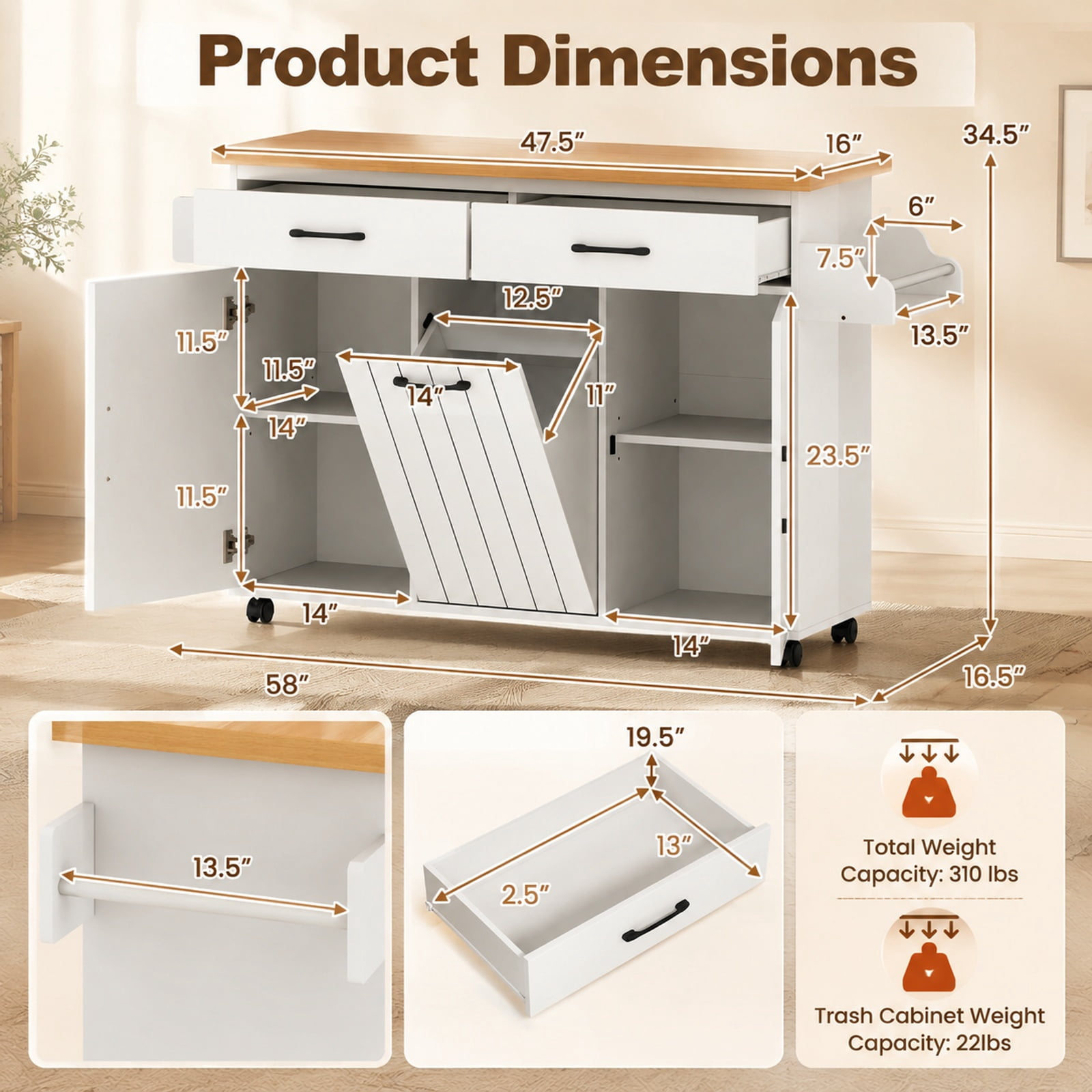 Furnibear Mobile Kitchen Island Table with Trash Bag Storage Adjustable Cabinets Spice Rack and Drawers for Dining Rooms, White