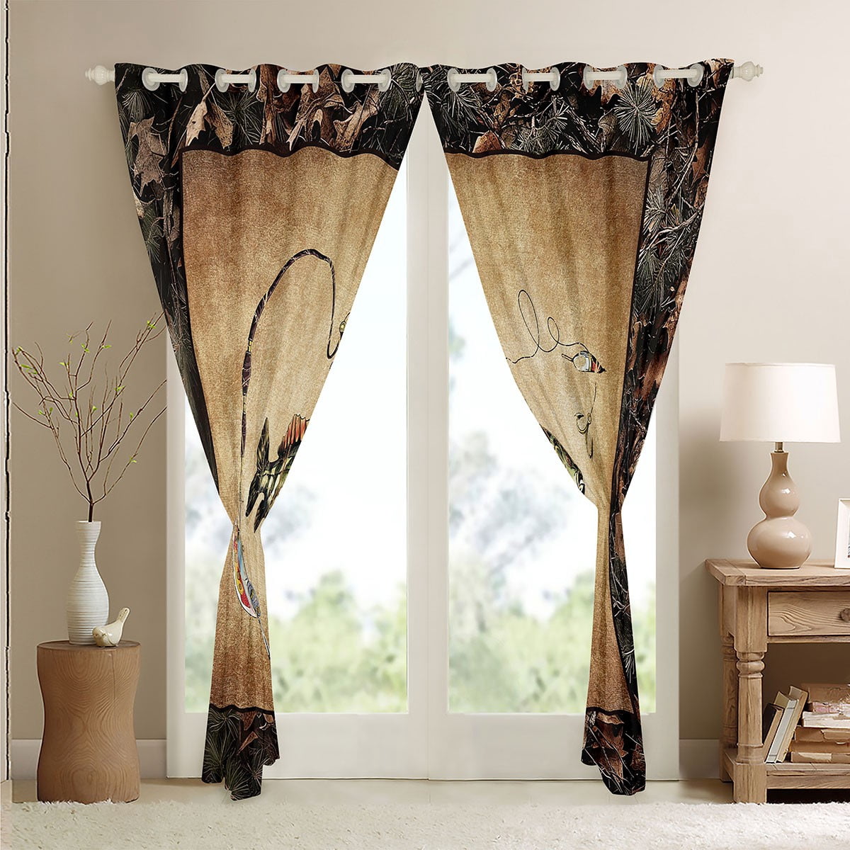 Rustic Bass Fish Curtains 42"Wx84"L Country Camo Fishing Window Curtains Woodland Camouflage Lake Fish Fisherman Curtains & Drapes Men Farmhouse Cabin Curtains 2 Panels
