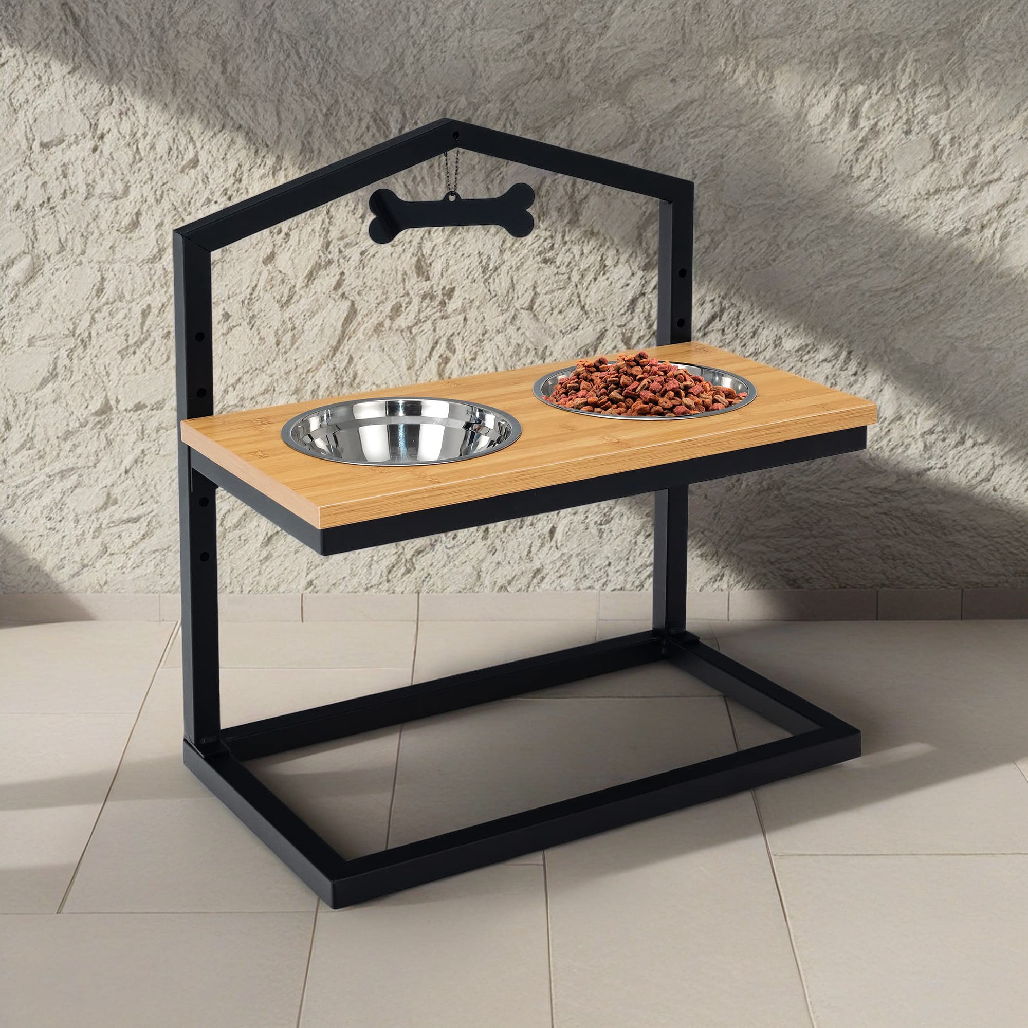 Pefilos 9"-17" Elevated Pet Feeder with 2 Stainless Steel Dog Bowls for Feeding Small Medium Dogs Cats Puppies, Beige