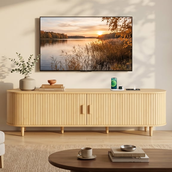 Easoger 70" Sliding Door TV Stand with Charging Station, Fluted Vertical Grille Wood Entertainment Center, Curved Oval Shape Storage Cabinet, Oak