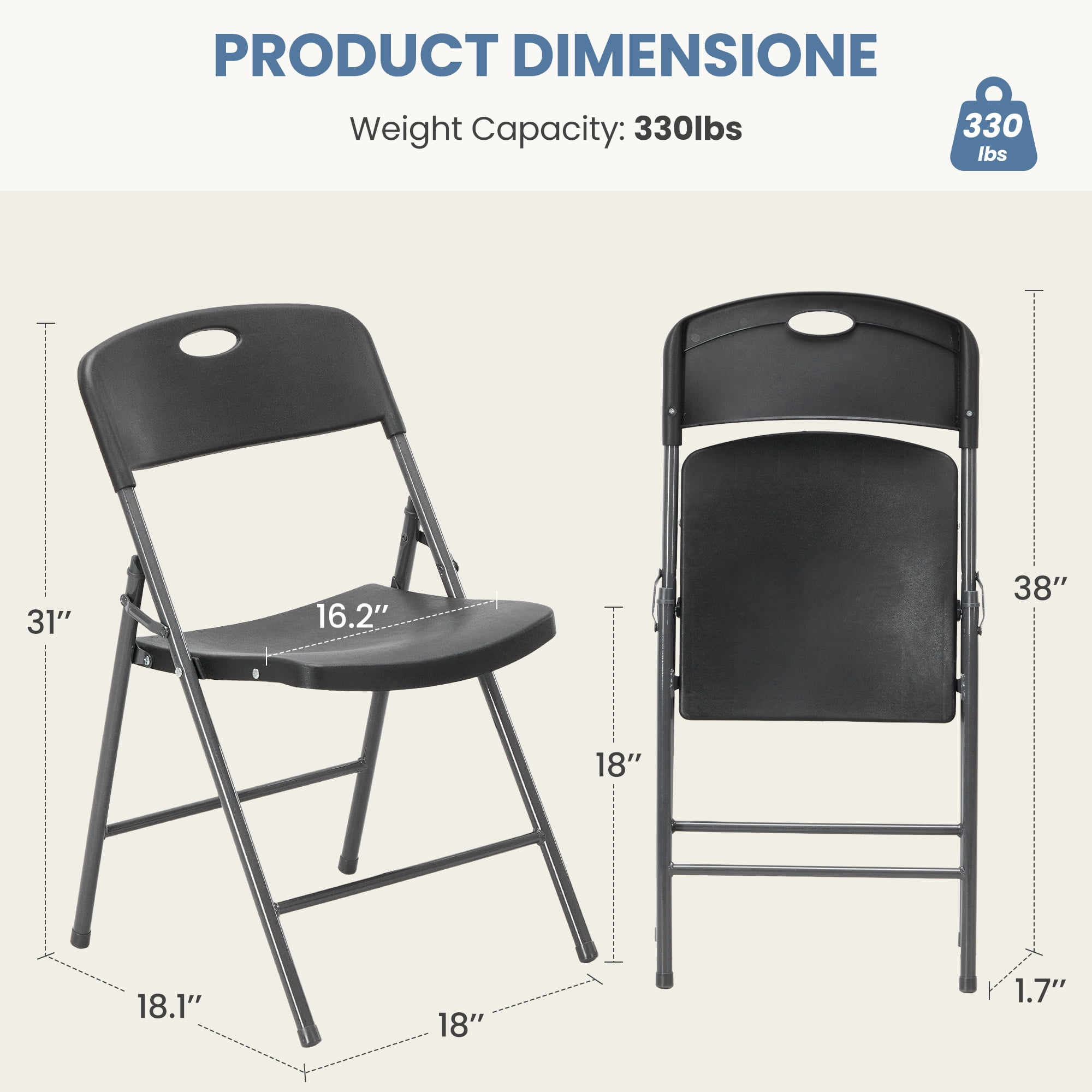 CONCETTA Plastic Folding Chair Of 2, 375LB Load Capacity, Lightweight for Indoor/Outdoor, Black