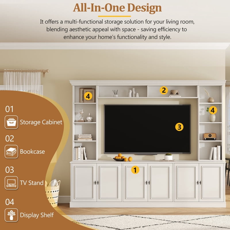 4-Piece Mid-Century Wall Unit Entertainment Center with Bookshelf for TVs Up to 70", Versatile TV Stand with Adjustable Shelf for Living Room