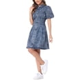 thumbnail image 4 of Vestido de mezclilla de manga corta abullonada para mujer INSPIRE CHIC, con cuello y botones, estilo A-Line, casual, en talla XS, color gris azul., 4 of 5