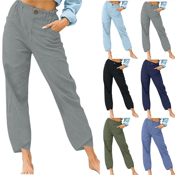 Linen Blend High Waisted Pants Women Summer Work Office Trousers Casual Straight Leg Breathable Lightweight Professional Style Gifts for Women | Sopatenor,Army Green L
