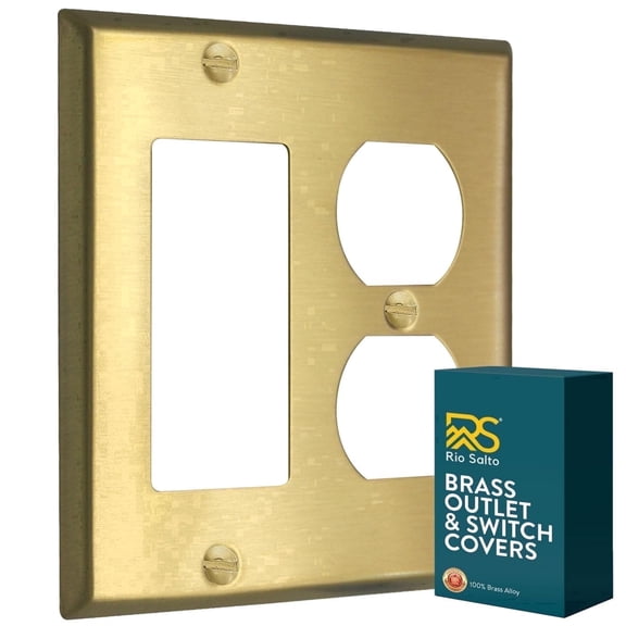 Rio Salto Metal Gold Outlet Cover Light Switch Cover Wall Plate, Corrosion Resistant Double Light Switch Plate Combo 2 Gang Standard Size Brushed Brass Combination Rocker Duplex