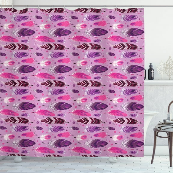 Feather Shower Curtain, Watercolor Style Quills Native Culture Elements Traditional Symbols Pastel Tones, Fabric Bathroom Set with Hooks, 69"WX70"L, Multicolor, by Ambesonne