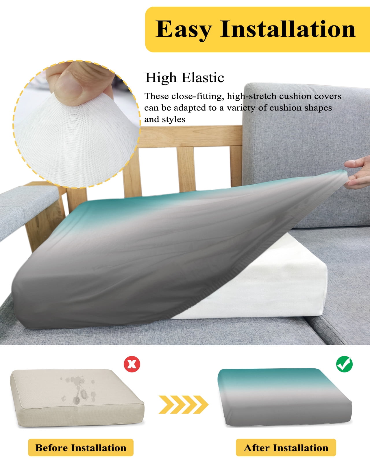 Teal Grey Ombre Couch Cushion Covers,Stretch Seat Cushion Covers for Sectional Sofa,Turquoise Gradient Modern Abstract Art Individual Sofa&nbsp;Slipcovers Furniture Protector Elastic Straps 1Pcs,S
