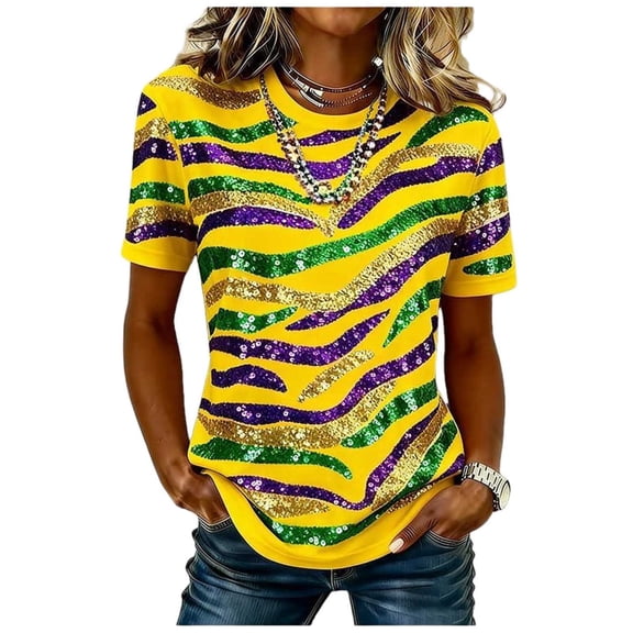 Generic Women's Casual Carnival Tiger Print T-Shirt Funny Fashion Mardi Mardi-Gras Tiger Stripe Sequin Shirt