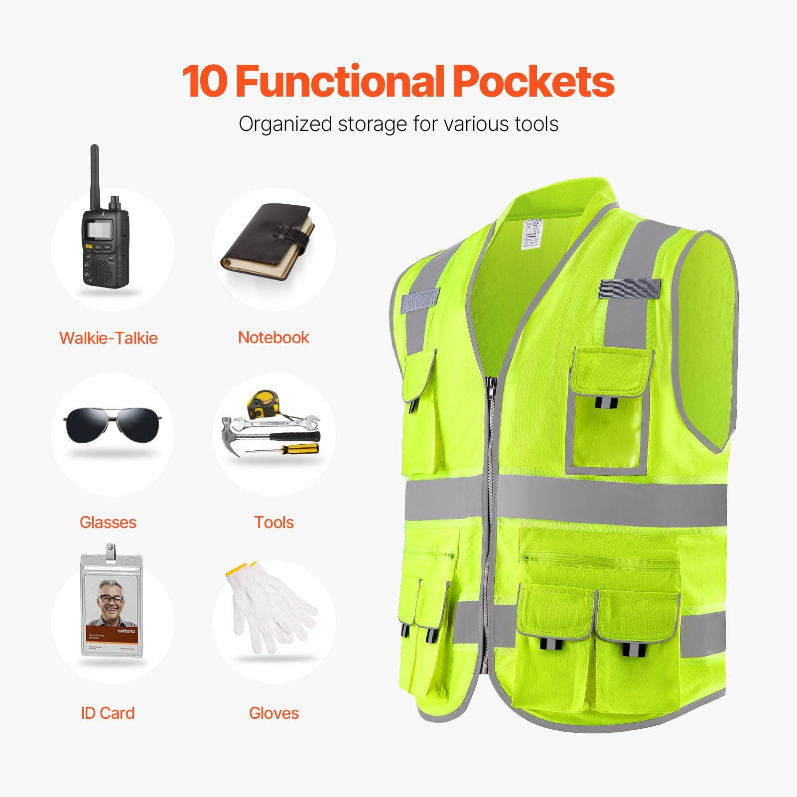 Heavy-Duty Reflective Work Vest with 10 Pockets, High Visibility Yellow for Construction & Security