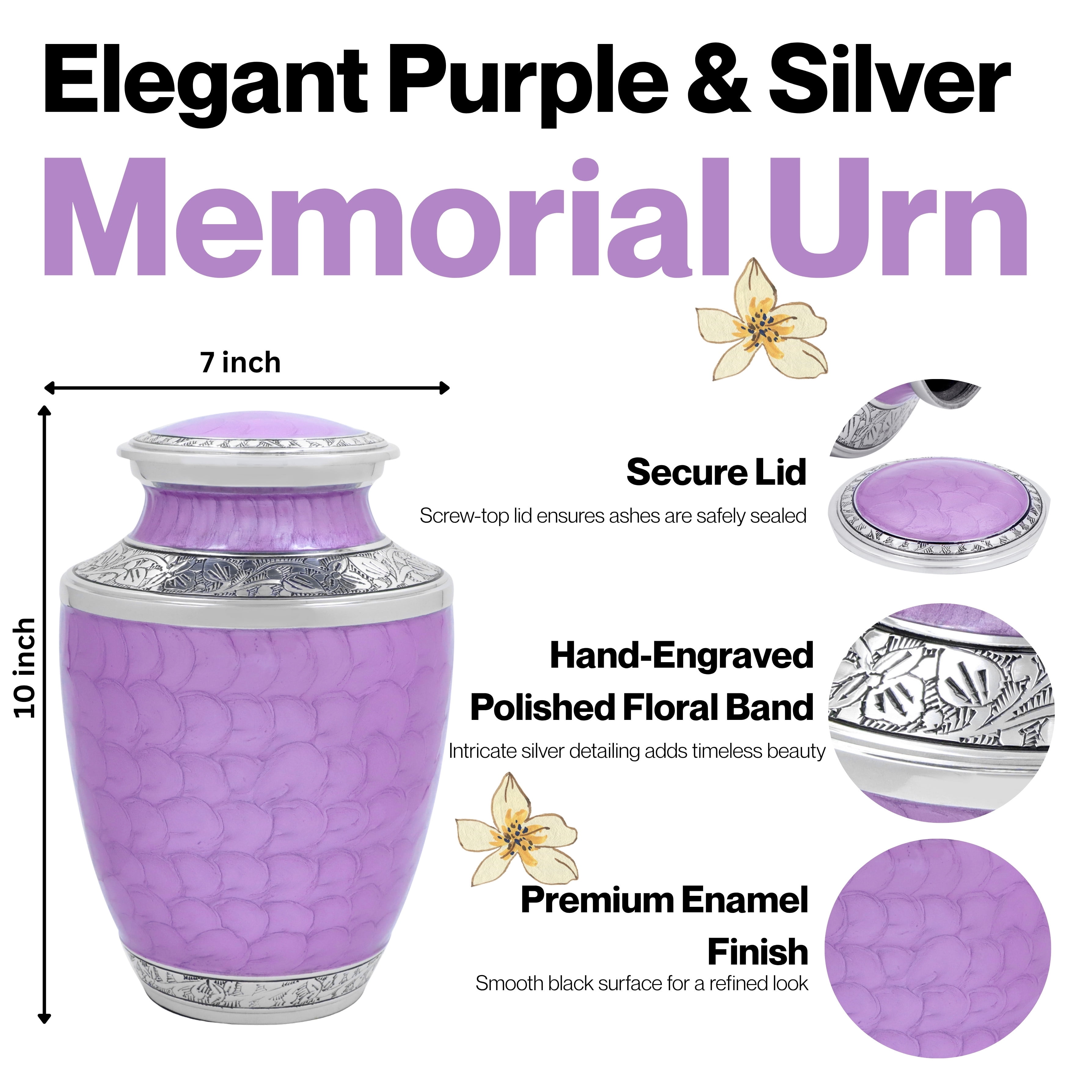 Aluminum Handcrafted Urn - Elegant Keepsake Holder for Adult Human Ashes (Lavender & Chrome)