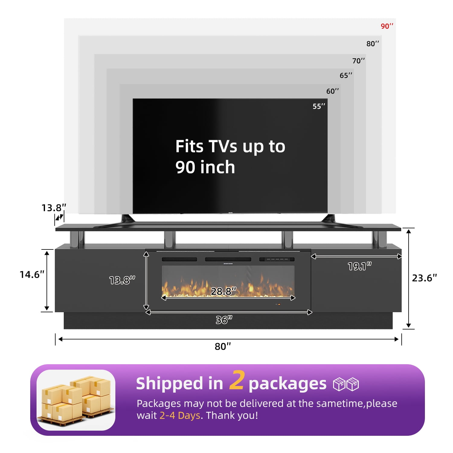 BaPiPro 80" Fireplace TV Stand with 36" Electric Fireplace for TVs up to 90", Entertainment Center with LED Light, Media Console for Living Room, Black