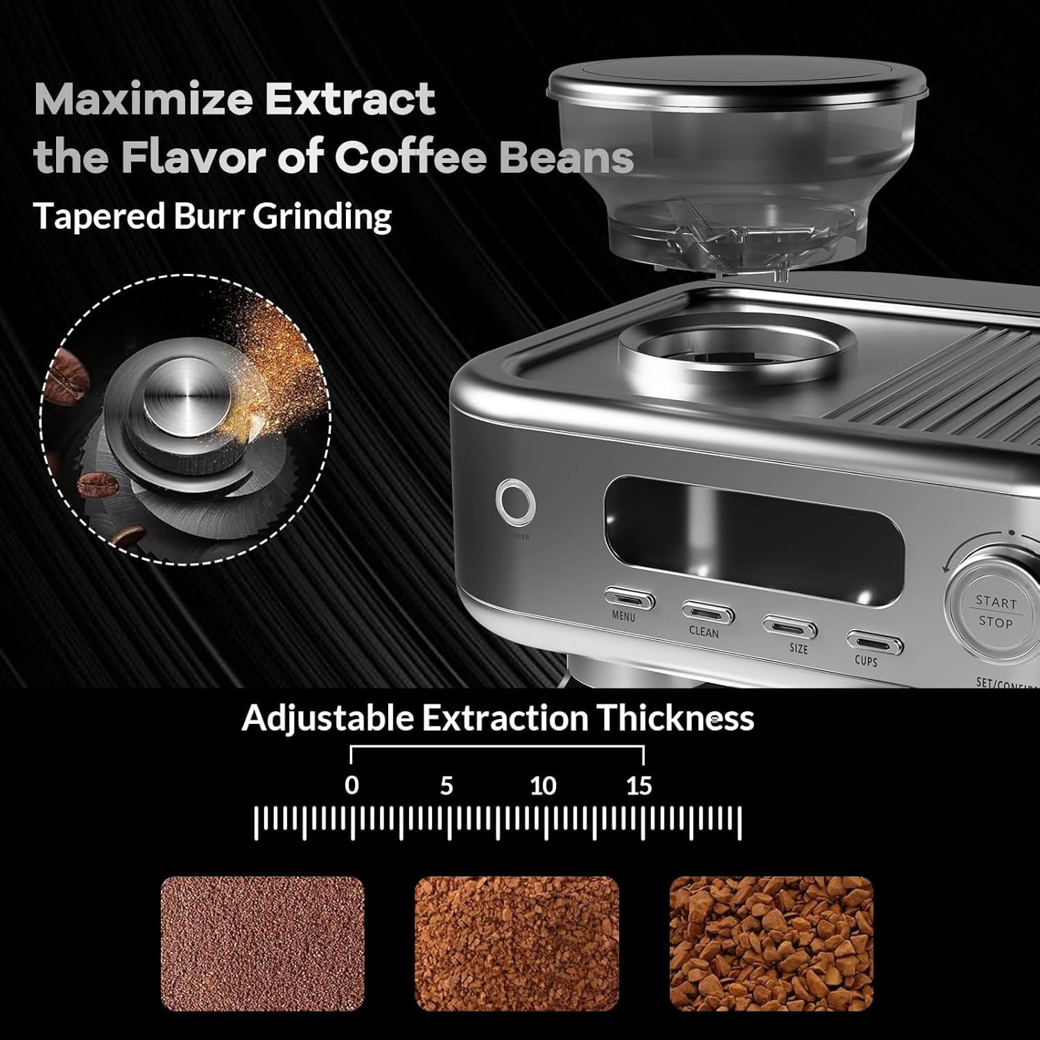 ATENOW Espresso Machine 15 Bar, LCD Display Espresso Maker with Grinder, Milk Frother and PID Temperature Control, Professional Coffee Maker for Latte Cappuccino - 8.8 Oz Bean Hopper