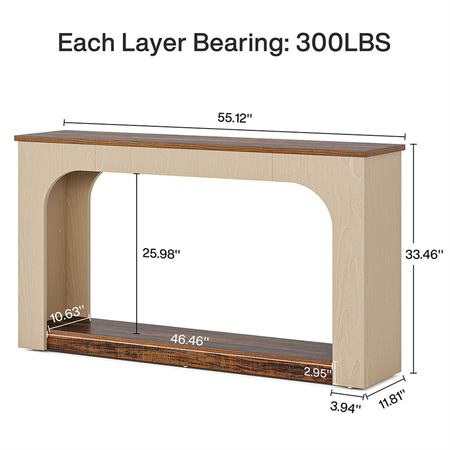 Demi Bonn 55" Console Table, Wood Farmhouse 2-Tier Sofa Table with LED Lights for Hallway, Bedroom, Living Room, Brown