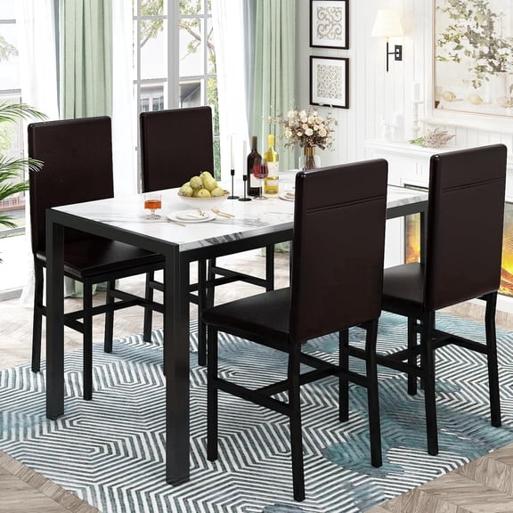 MIERES 5 Peice Dining Table Set, Faux Marble Dining Room Table and Chairs Set, Rectangle Kitchen Table Set with Durable Metal Frame and Upholstered Chairs, White