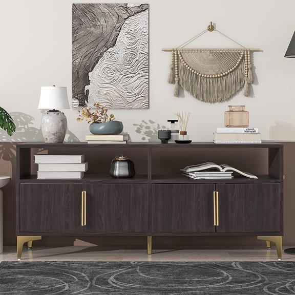58" Long Sideboard Buffet Server Table Wood Storage Cabinet with Shelves, Metal Legs and Handles for Kitchen Dining Room Furniture