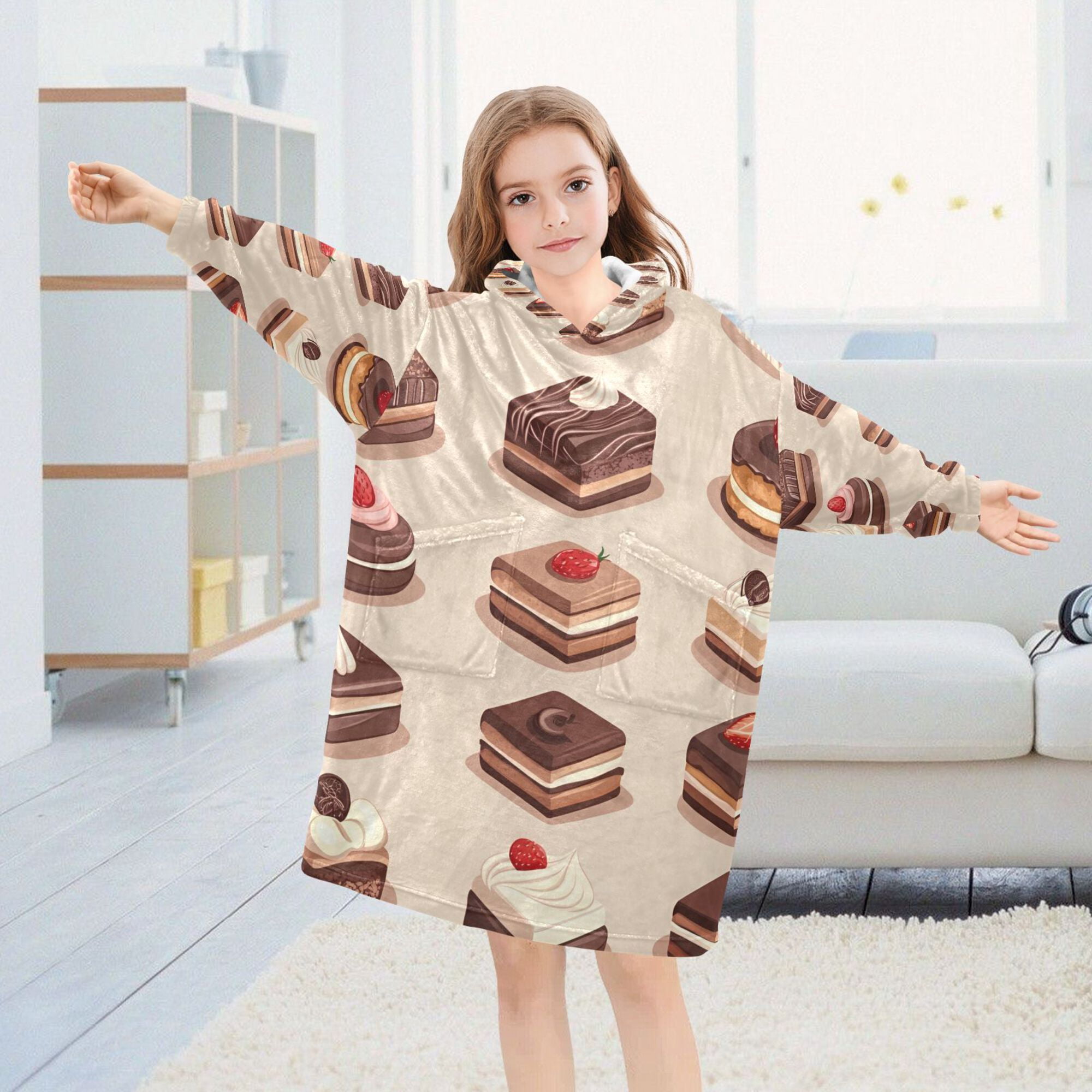 FORMRS Wearable Blanket Hoodie with Sleeves for Kids Cozy Flannel Sweatshirt, Pink Cakes