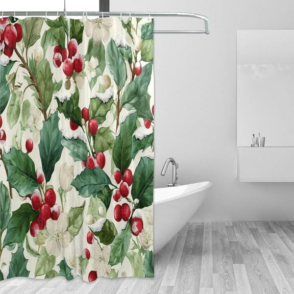 Holly Berry Christmas Pattern Shower Curtain, Fabric Shower Curtain Liner Waterproof Bathroom Shower Curtains Waterproof Shower Stall Curtain with 12 Hooks for Home Hotel