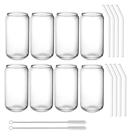 

SNOWINSPRING Drinking Glasses with -16Oz Can Shaped Glass Cups Beer Glasses Iced Coffee Glasses 2 Cleaning Brushes 8Pcs