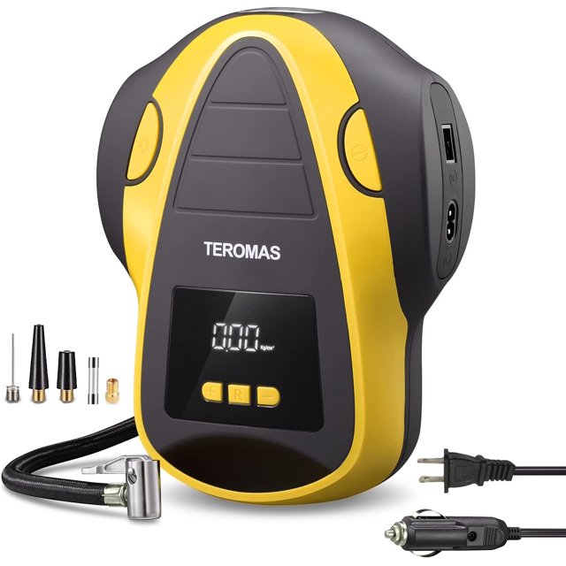 TEROMAS Compresor de aire para inflar neumáticos, bomba de aire portátil DC/AC para neumáticos de coche 12 V DC y otros inflables en casa 110 V AC, bomba de neumáticos eléctrica digital con manómetro