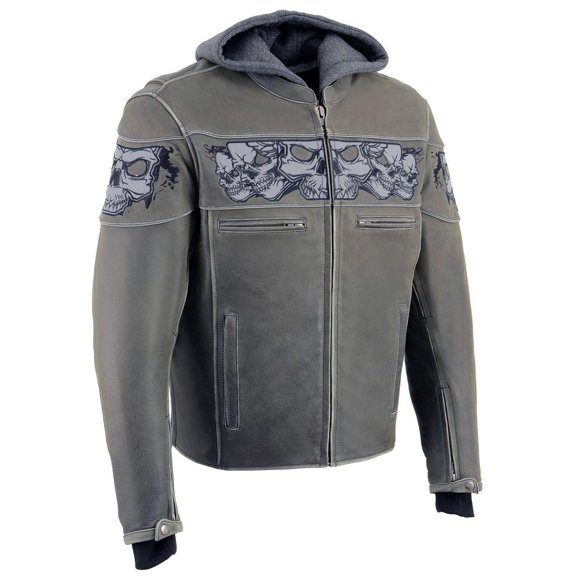 Milwaukee Leather MLM1562 Men's Distressed Grey Leather Jacket with Reflective Skulls Small