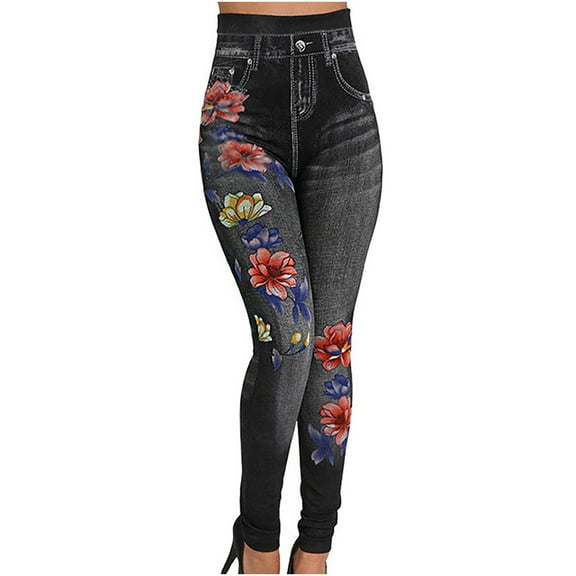 VERUGU Jeans for Women Imitation Denim Fashion Casual Printed Leggings Capris High Waisted Slim Elastic Pencil Pants Skinny Pants Black S