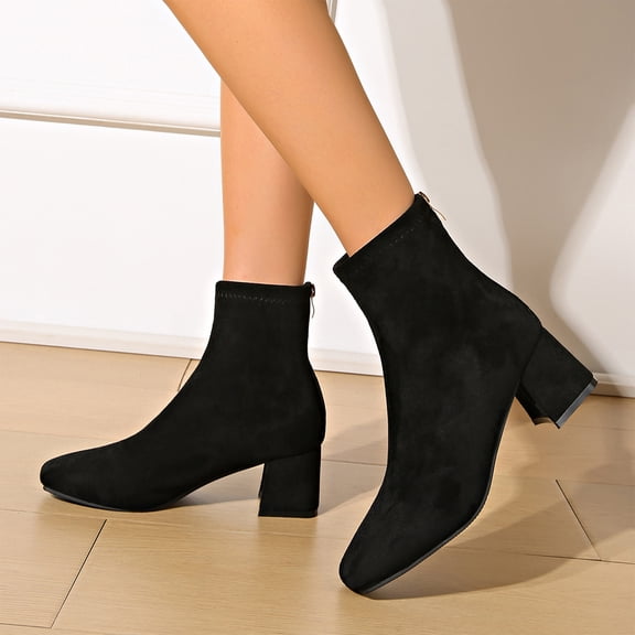 EKVAHL Women's Block Heel Walking Booties, Soft Suede Slip On Ankle Boots, Back Zipper Design Lightweight Dating Party Daily Dress Short Boots Black