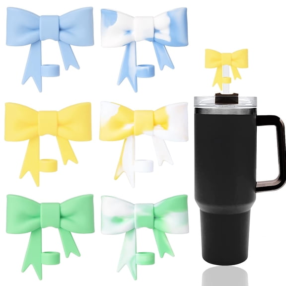 YUNOVA 6 Pcs Cute Bow Straw Covers Cap Toppers, Reusable Silicone Straw Lids Tips Protectors for 30&40 oz Tumbler Cups, Fits 0.4 in/10mm Straws