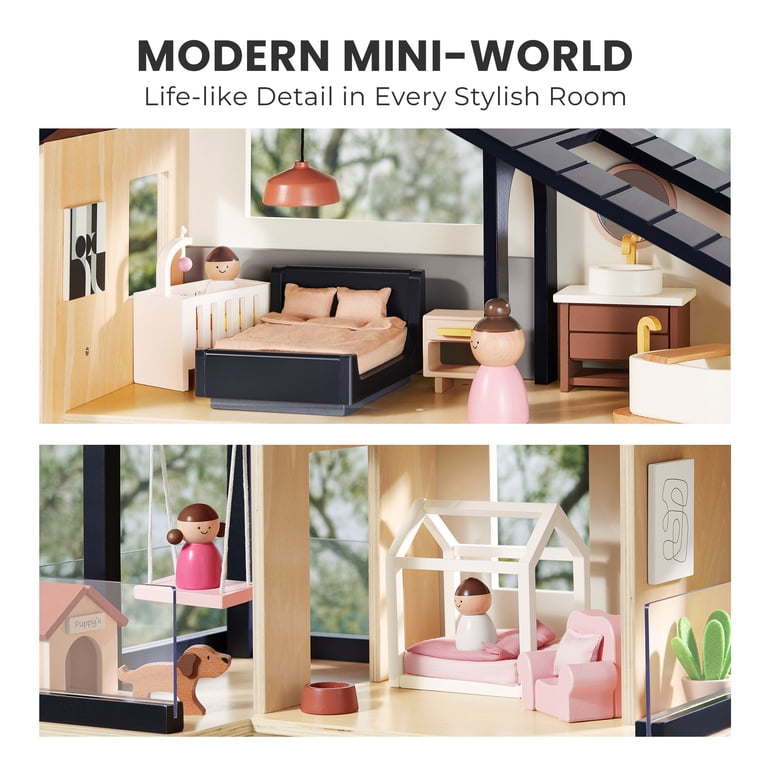 Tiny Land, Dollhouse, Black, 7 Rooms with Doll Figures and Puppy