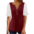 thumbnail image 1 of Plebaso Hauts d'Été pour Femmes Patchwork Dentelle Manches Courtes Tunique Décontractée Boutonnée Col en V Blouses Habillées, 1 of 6
