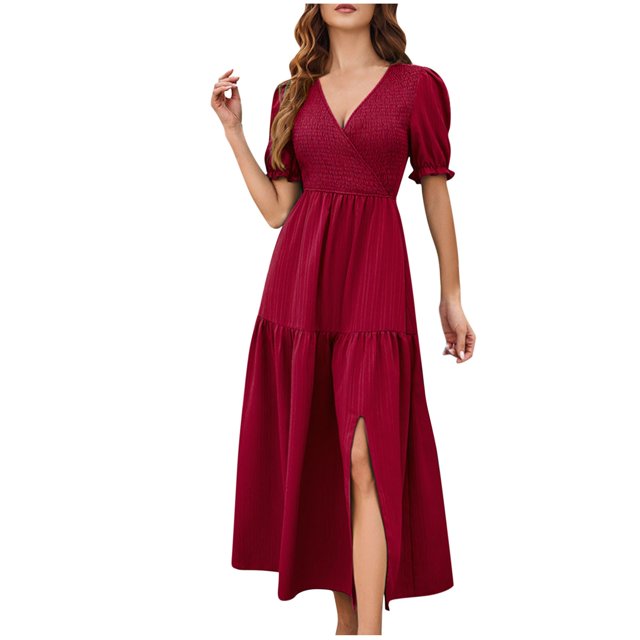 Birdeem Robes Fendues à Manches Courtes et Col en V pour Femmes