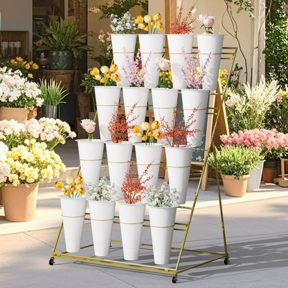 Flower Display Stand, Movable Metal Plant Stand, Plant Stand with Wheels, 59(H)x28.5(W)x39.3(L) inch, 4 Layers, Revolving, 16 White Buckets for Indoor Garden