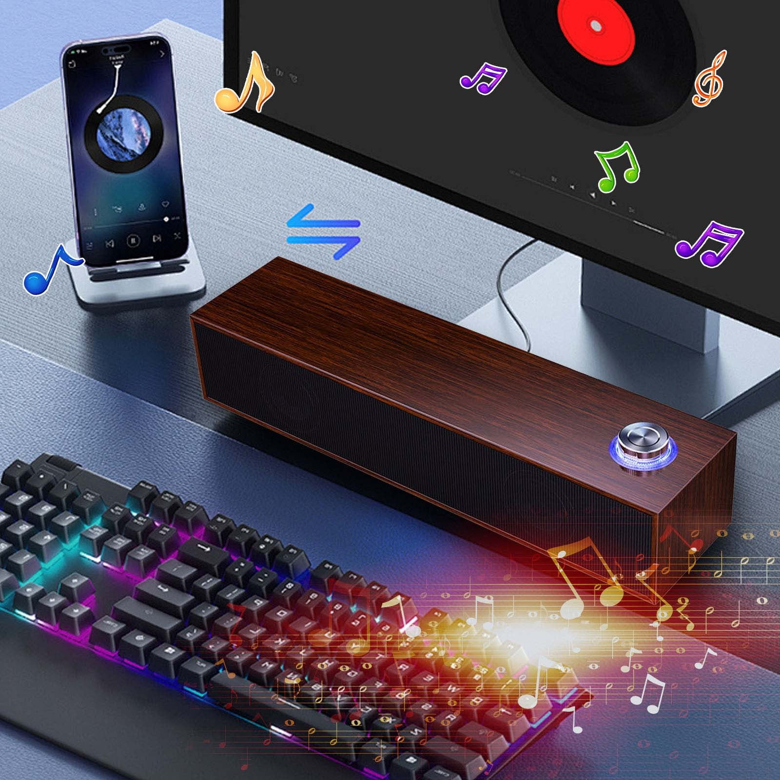 COM1950s Home Speakers Bluetooth Wireless Wired Bluetooth Speaker Multimedia Computer Desktop Long Strip Wooden Speaker Heavy