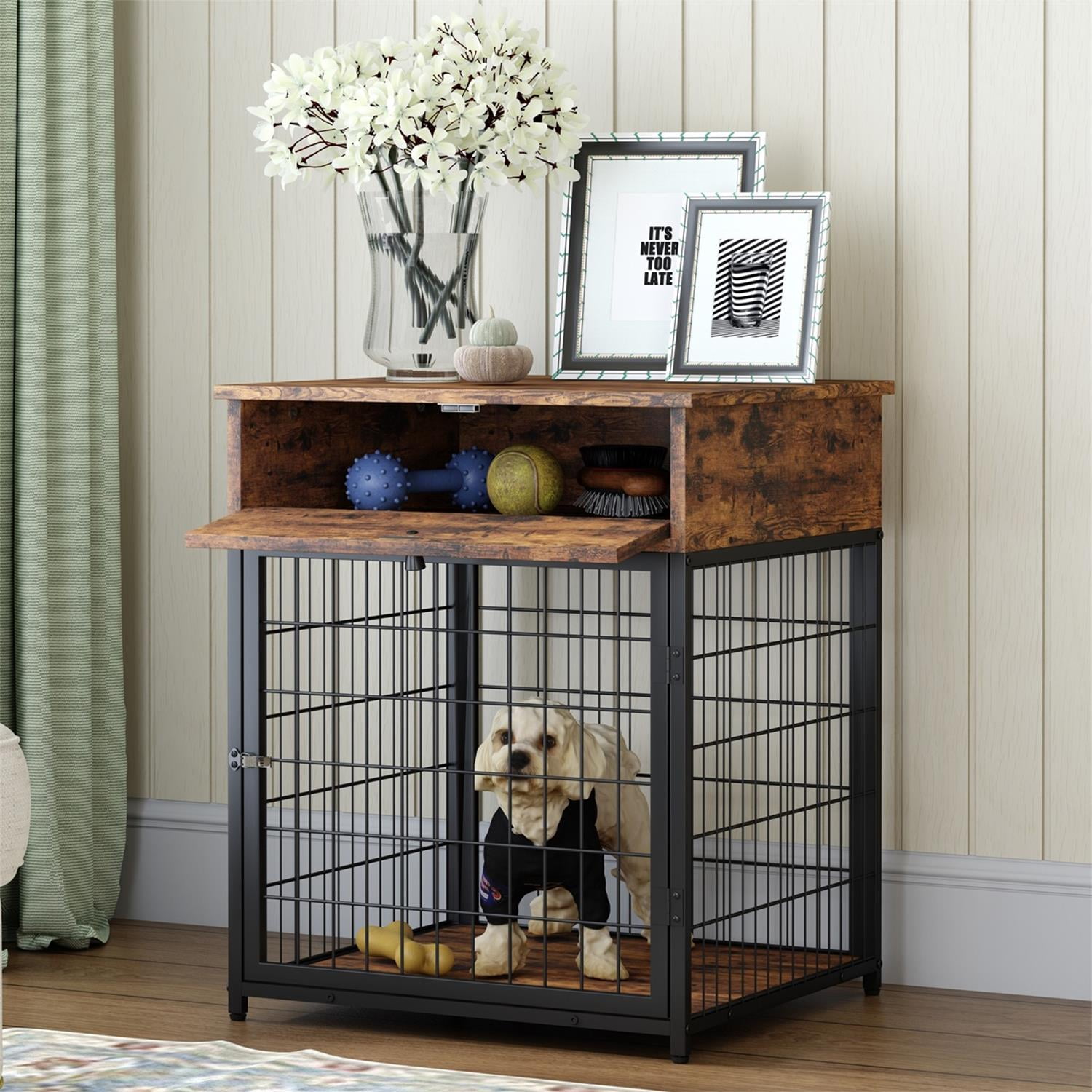 Pefilos 31.5" Wood Dog Crates for Indoor Dogs, Dog Cages with Ttray, 3 Adjustable Height Feeding Bowls, Dog Kennel House, Brown Pefilos 31.5" Wood Dog Crates for Indoor Dogs, Dog Cages with Ttray, 3 Adjustable Height Feeding Bowls, Dog Kennel House, Brown
