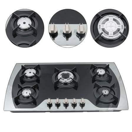 Black&Silver 2000Pa 90*51*6cm Burners Gas Stove Built-In Gas Cooktop Stainless Steel Natural Gas Propane