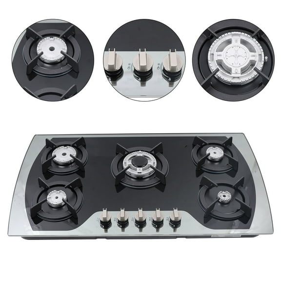 Black&Silver 2000Pa 90*51*6cm Burners Gas Stove Built-In Gas Cooktop Stainless Steel Natural Gas Propane