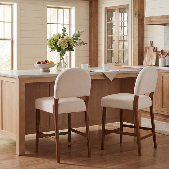 Christopher Knight Home 40" Modern Counter Height Fabric Bar Stools Set of 2, Rubberwood Frame, Beige