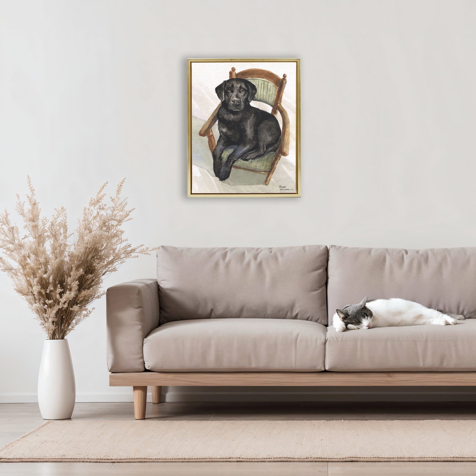 Stupell Industries Black Labrador On Chair Gold Framed Floater Canvas Wall Art, design by George Dyachenko